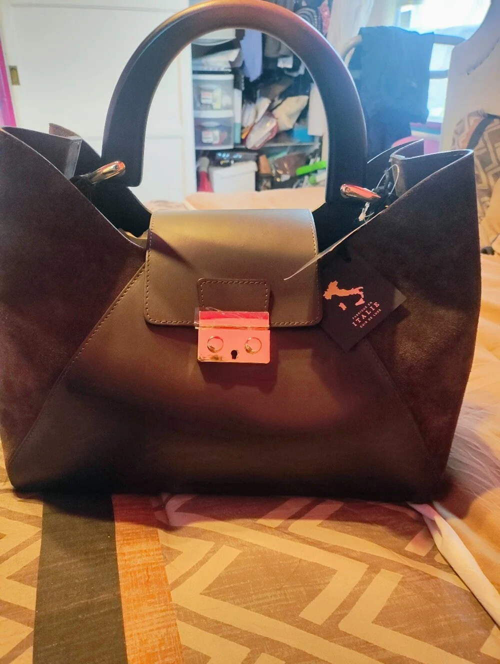 Italian Leather Black Satchel with Rose Gold Lock
